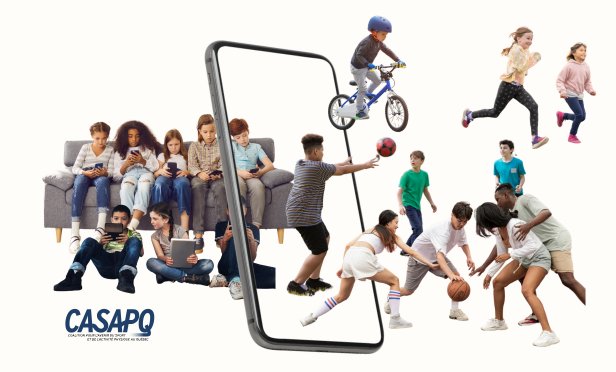 À gauche de l'écran de téléphone géant, il y a un groupe de jeunes sur leurs écrans. À droite de l'écran de cellulaire, il y a des jeunes en mouvement. Logo de la CASAPQ.